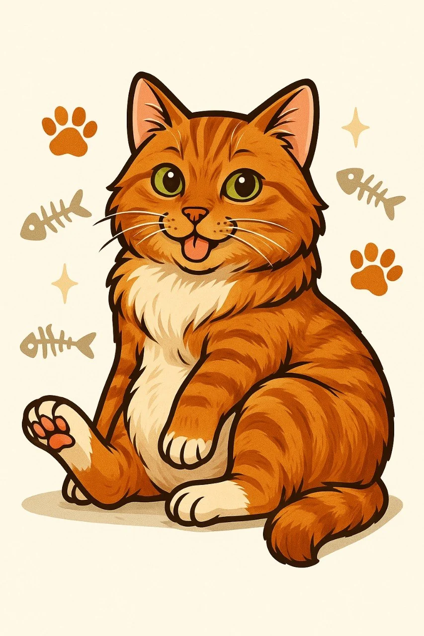 Custom cartoon portrait of Guy capturing his signature seated pose and tiny tongue