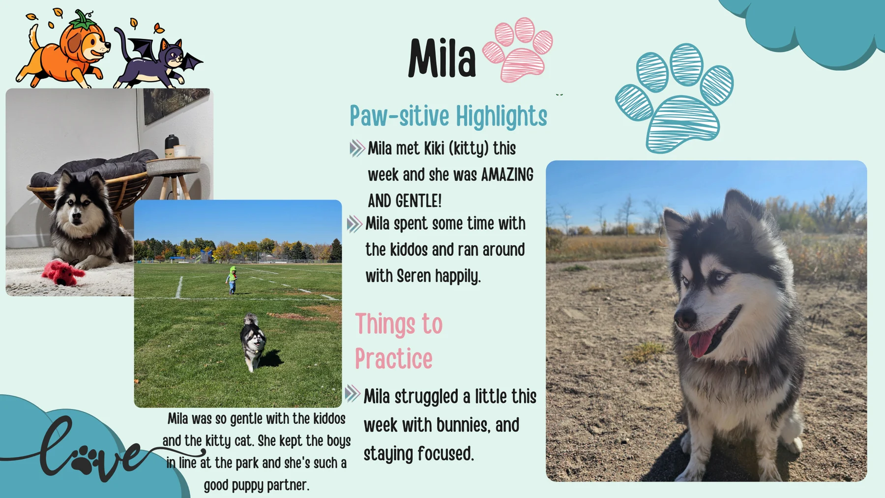Mila's personalized report card page with photos, highlights, and practice notes