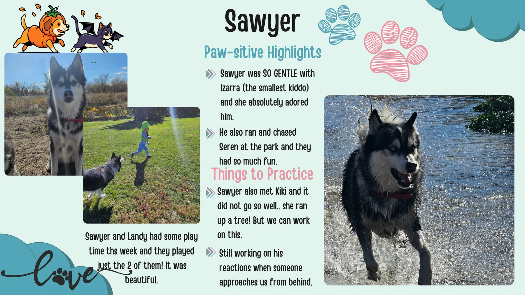 Sawyer's personalized report card page with photos, highlights, and behavioral practice notes